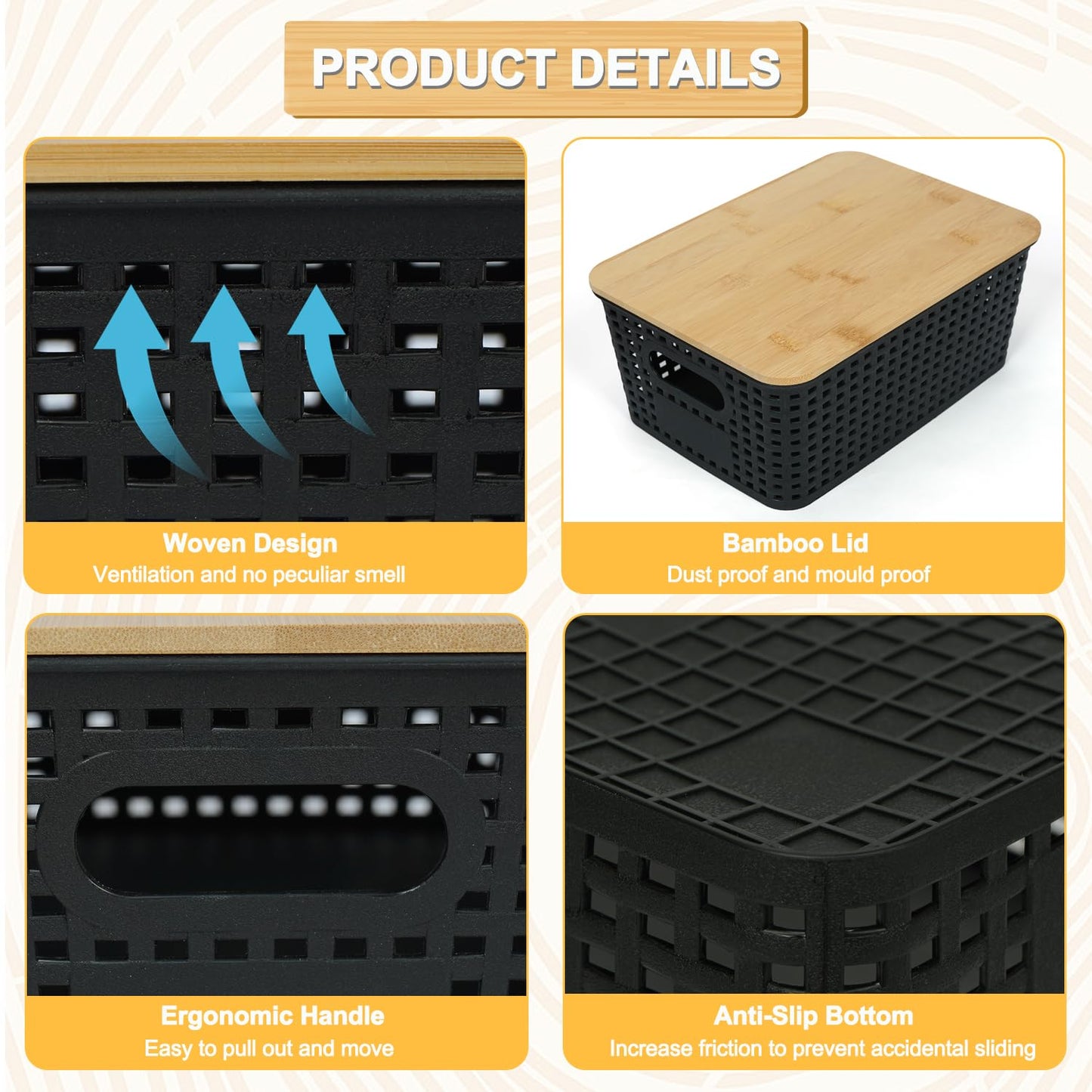 6Pcs Storage Plastic Baskets with Bamboo lids, Lidded Storage Bins - Black