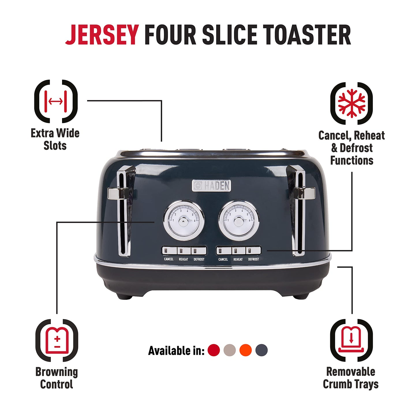 Haden Jersey Steel Blue Toaster 4 Slice  Dual Control With Adjustable Browning Controls - Self Centring Function - Reheat And Defrost Functions