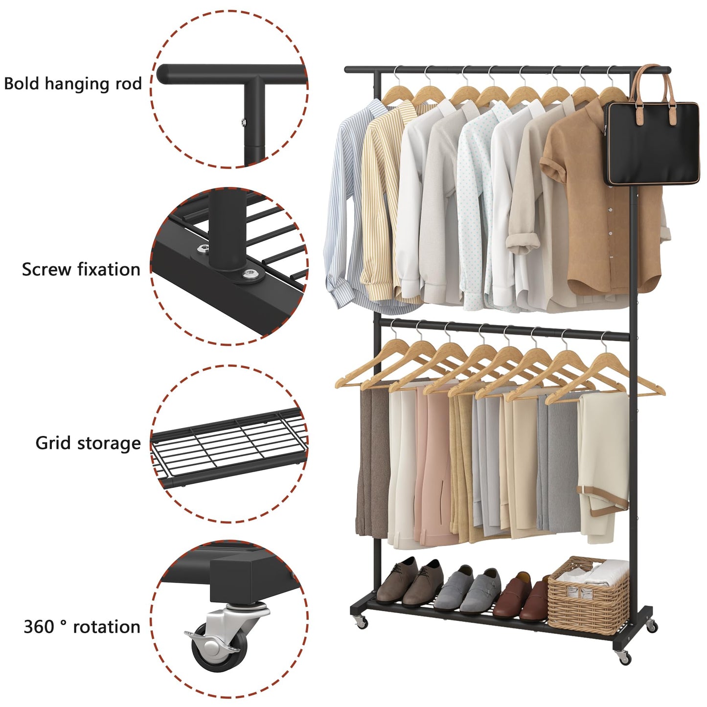 Sywhitta Double Rod Clothing Garment Rack, Rolling Coat Hanger with Bottom Mesh, Clothing Rack for Hanging Clothes, Coats, Skirts, Sweaters, Black