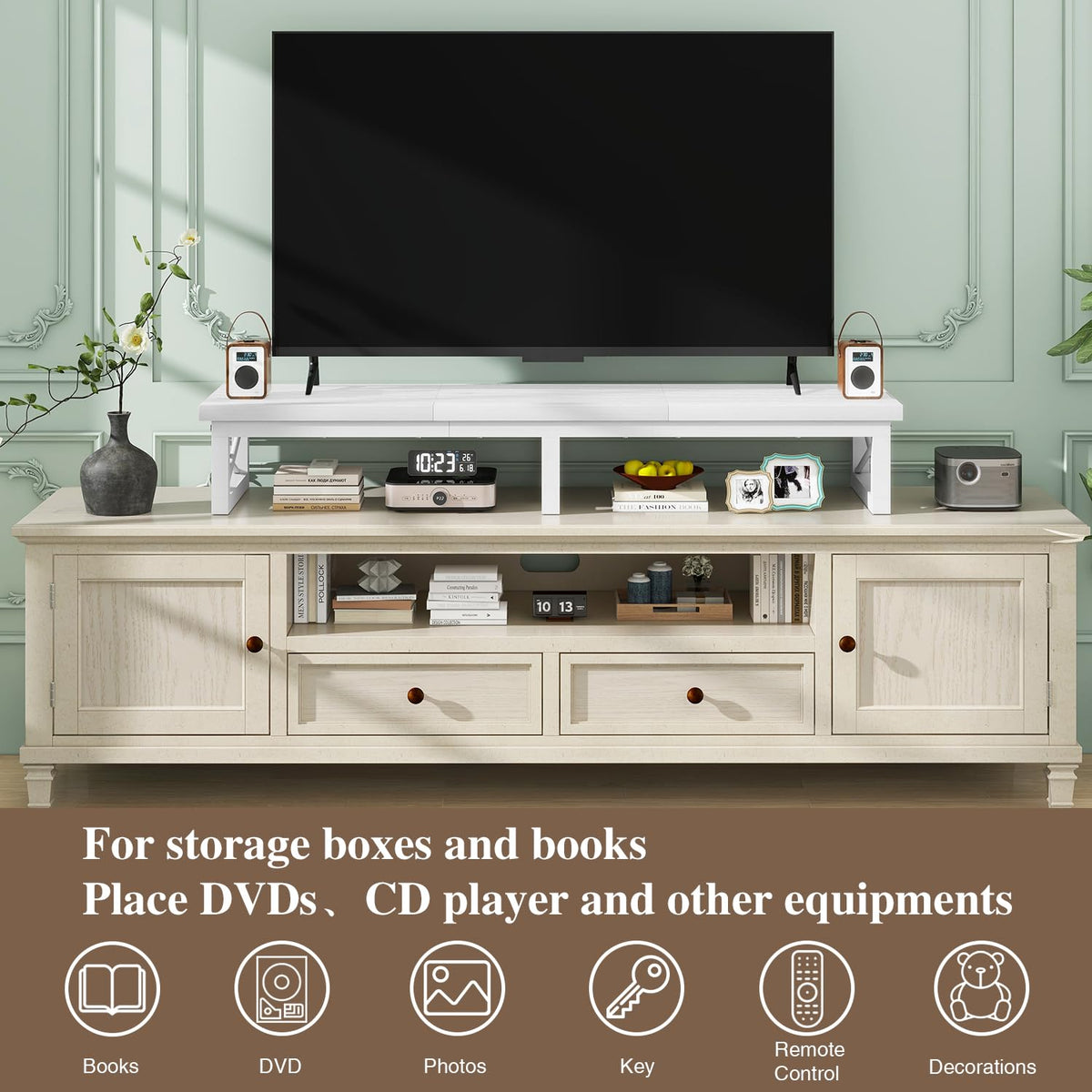IBUYKE 114cm Large TV Riser for 32-60 inch TV,Tabletop Short TV Stand with Storage and Steel Legs,Dual Screen Office Desk,Stand Riser,TV Riser Stand