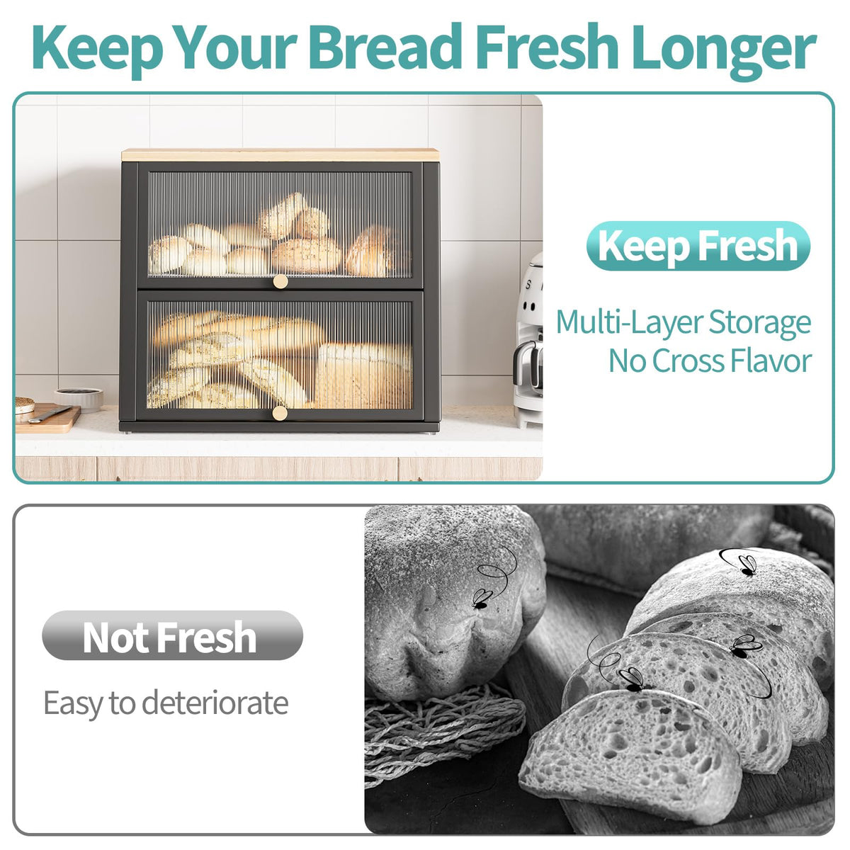 Urackify Two-Layer Large Bread Box, Bread Bins for Kitchen, Black Bread Bin with Stiped Window Door Pancel, Bread Storage with Wood Handle, kitchen