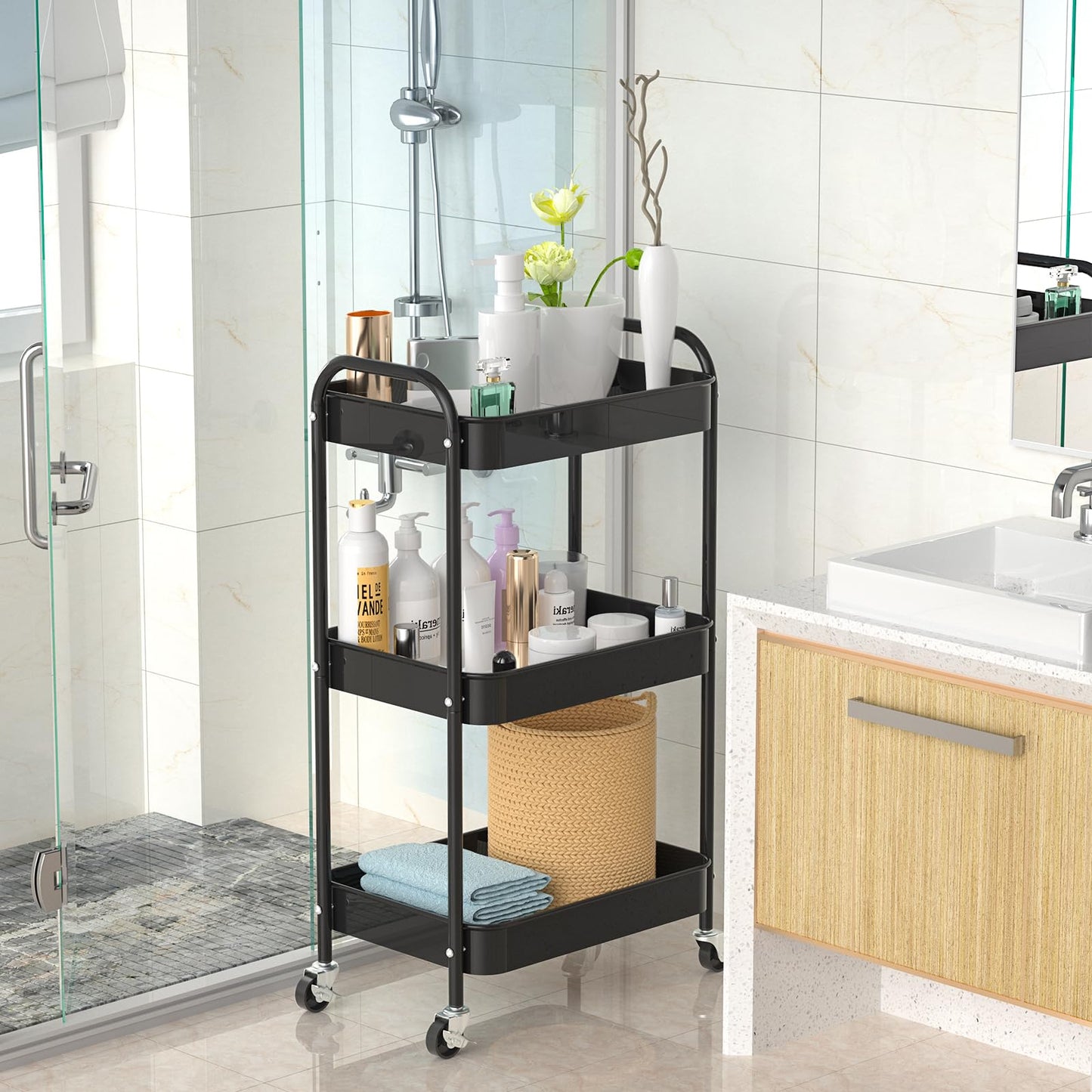 PNVXNUS 3-Tier Rolling Cart, Metal Utility Storage Carts with Wheels, Black