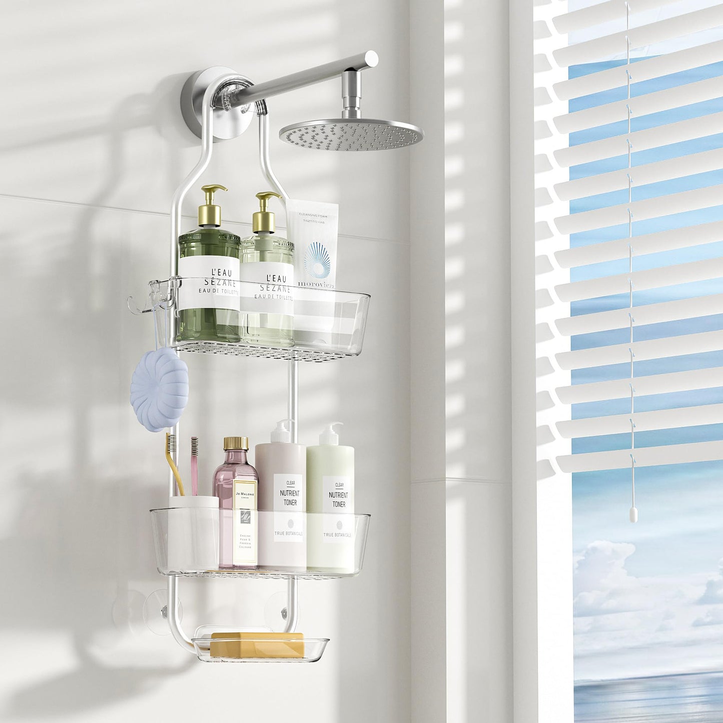 APLOP Shower Caddy Hanging 3-Tier,No Drill Rustproof Aluminum,Shower Storage Organiser with Soap Holder & Hooks,Easy Install Bathroom Shelf