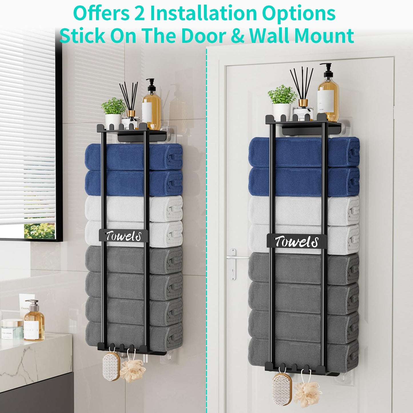 HapiRm Towel Rack Wall Mounted - 6 Hooks with Top Shelf,No Drilling