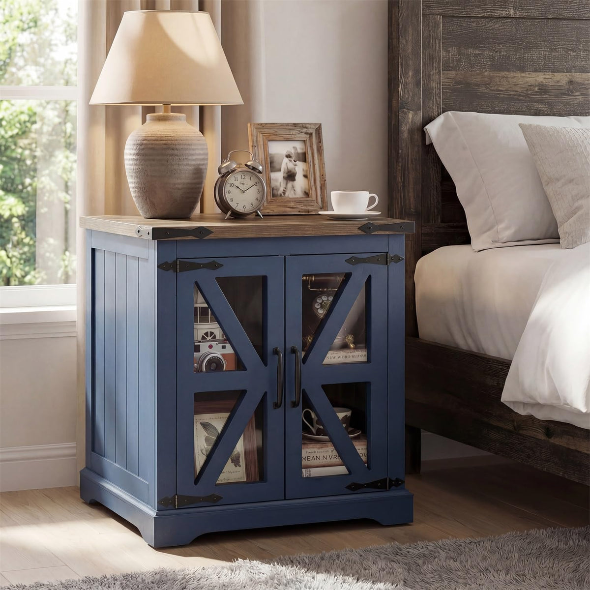BEROXII Rustic Wood End Table, 24 inches, Square Nightstand with Adjustable Shelf, Barn Door, for Living Room, Bedroom (Blue)