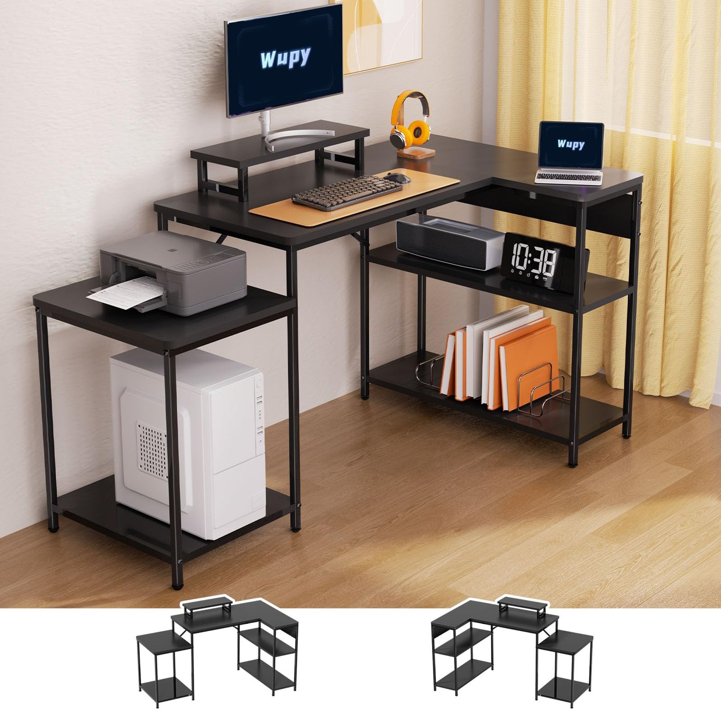 WUPY L Shaped Desk, Corner Desk with Monitor Stand, 152x80 cm Computer Desk Office Desk for Home Office with Large Reversible Storage Shelves