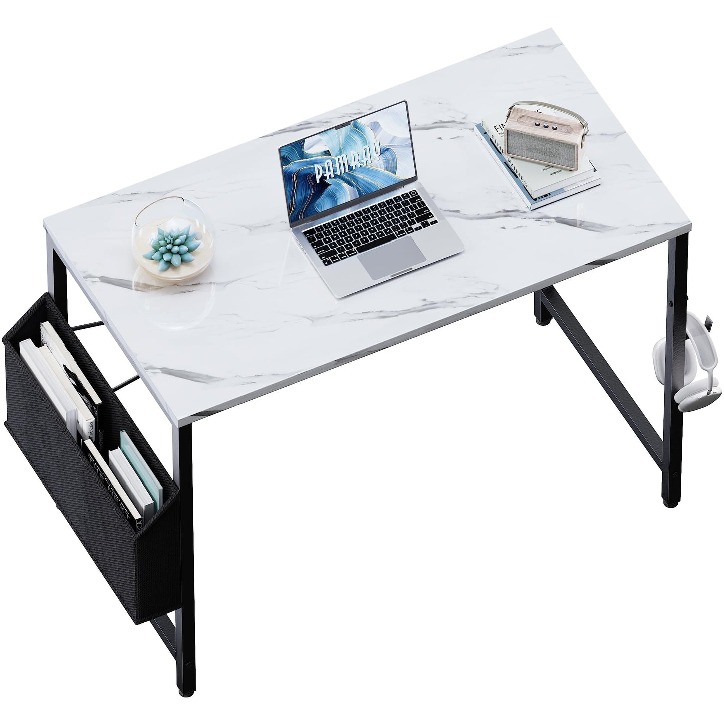 PAMRAY 80x40cm Computer Desk for Small Spaces with Storage Bag, Home Office Work Desk with Headphone Hook, Small Office Study Writing Table, Marble