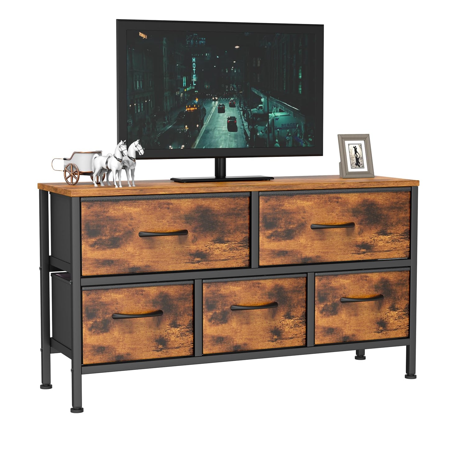 Feonase Bedroom Chest of Drawers, 5 Fabric Drawers Dresser with Metal Frame and MDF Top Board, Modern Storage Unit for Bedroom Living room, Entryway