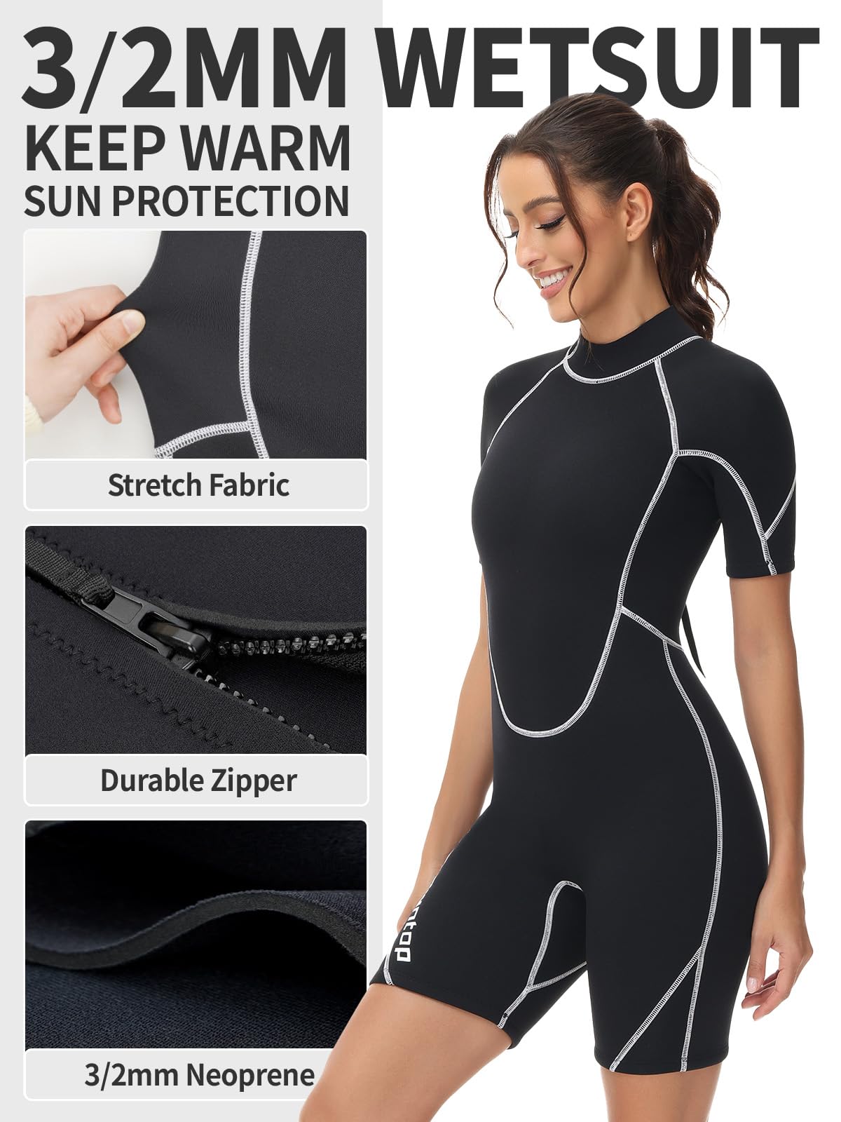 Owntop 3/2mm Shorty Wetsuit Women - Back Zip Wet Suit for Diving Surfing, Short Sleeve Diving Suits Stretch Neoprene for Water Sports, Women Black XL