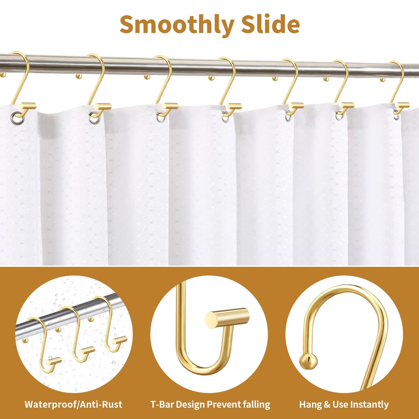 AURIVISTA 12 Pack Shower Curtain Hooks, Rust Proof T-Bar Rings, Gold