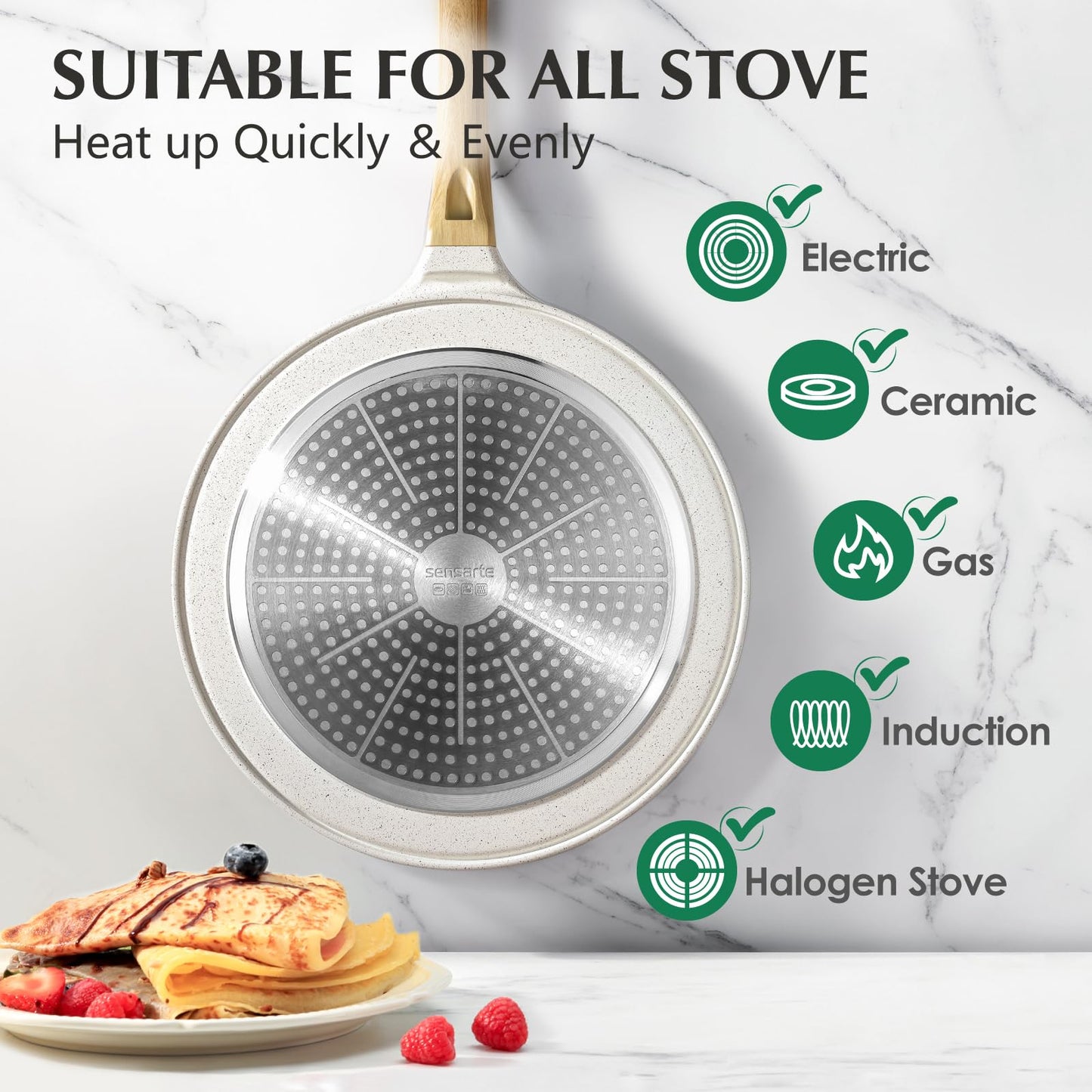 SENSARTE Nonstick Pancake Pan with Spreader, 30cm Natural Ceramic Coating Dosa Pan Crepe Pan Flat Skillet Tawa Griddle with Stay-Cool Handle,