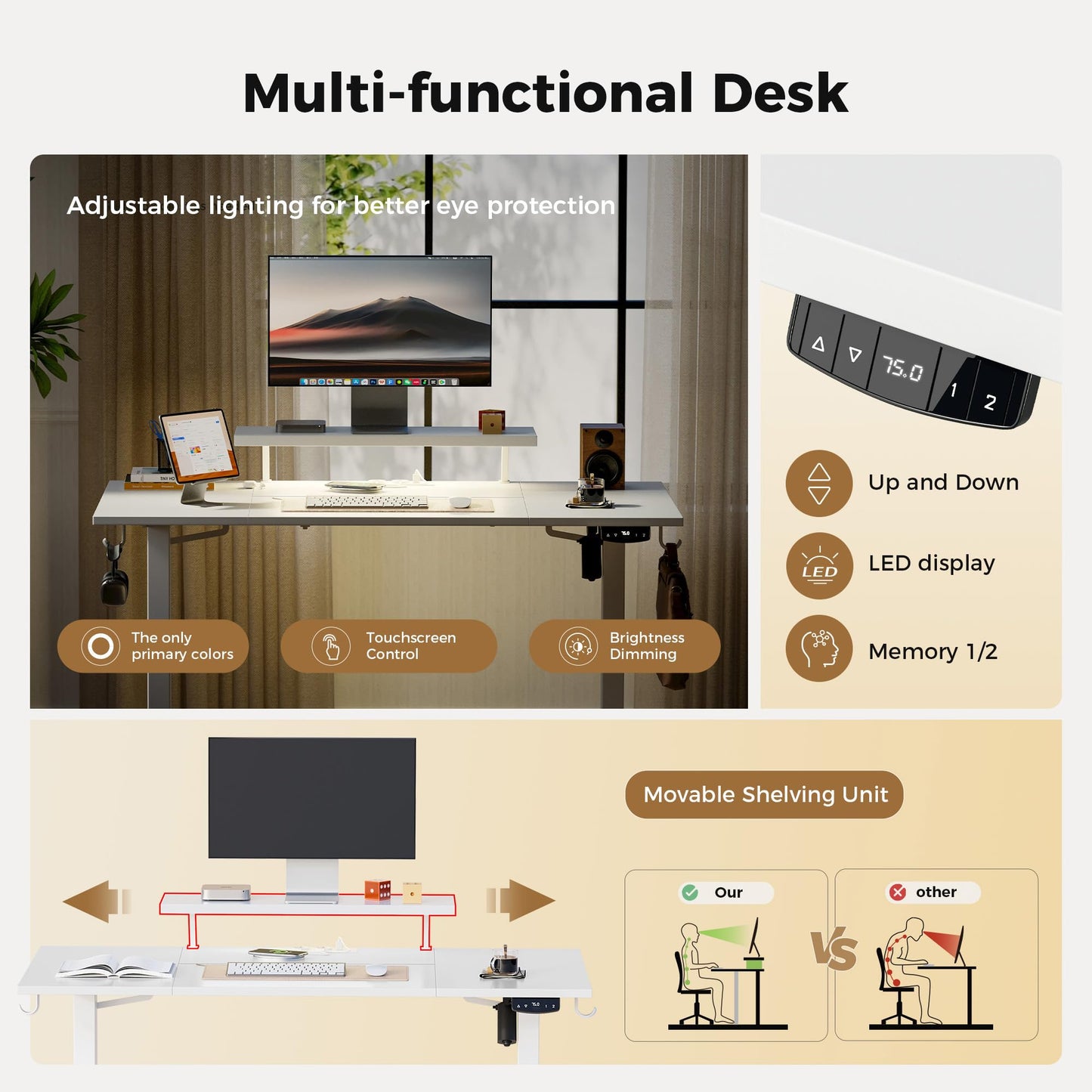 Agilestic Electric Standing Desk, Led & Plug, Movable Monitorstand, 120x80