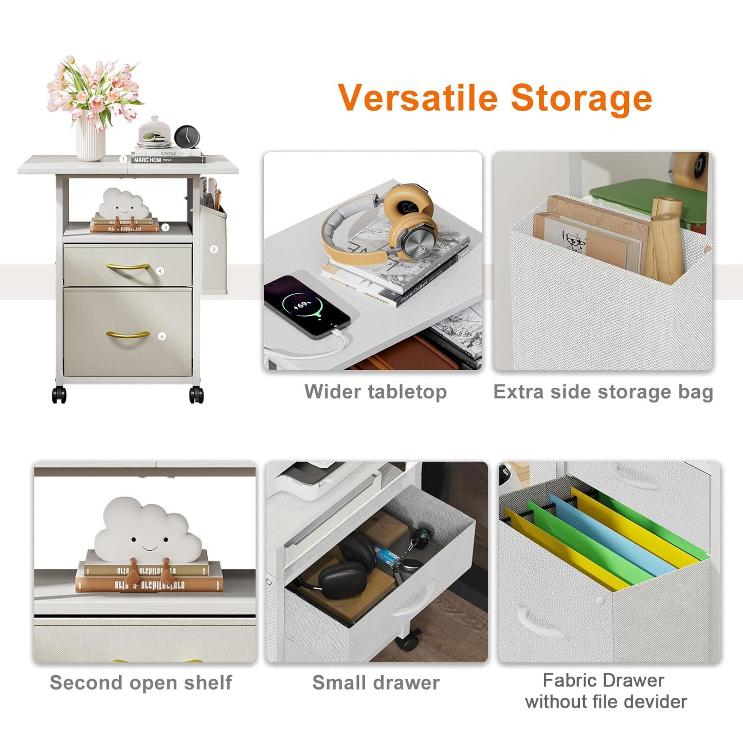 Printer Stand with 2 Fabric Drawers Mobile File Cabinet,End Table On Wheel