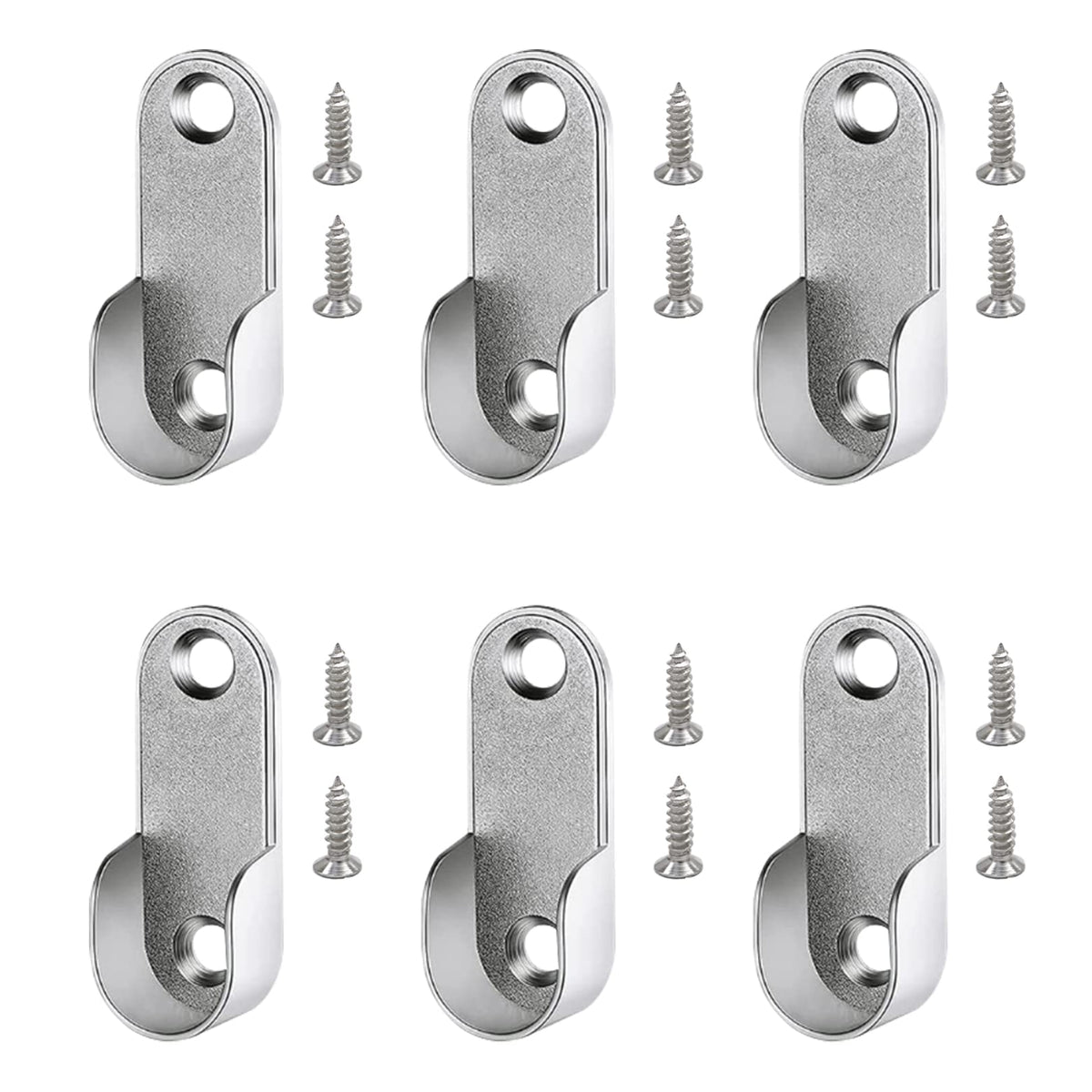 6-Piece Zinc Alloy Oval Wardrobe Hanging Rails Fittings - Easy Installation or Removal for Shower Curtain Closet Silver