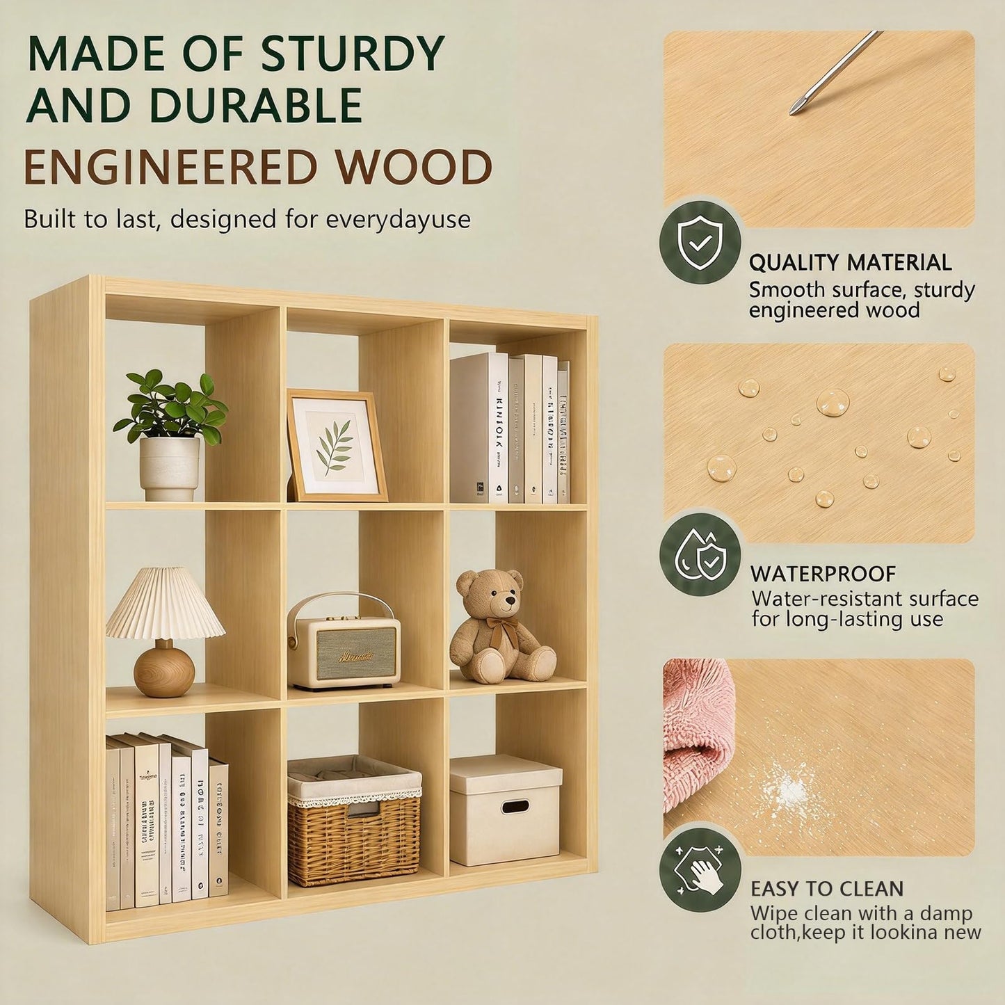 CTESNE【Wooden Thick Frame 9 Cube Storage Organizer Shelf with Anti-Tipping Kits + Reversible Open Back Bookcase