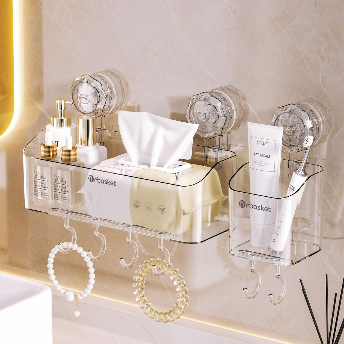 QICAIFACAI Shower Caddy Suction 2-Pack (No-Drilling) Shower Storage Rack with Movable Hooks, Bathroom Shelf for Conditioner, Shampoo, Razors, Soap &