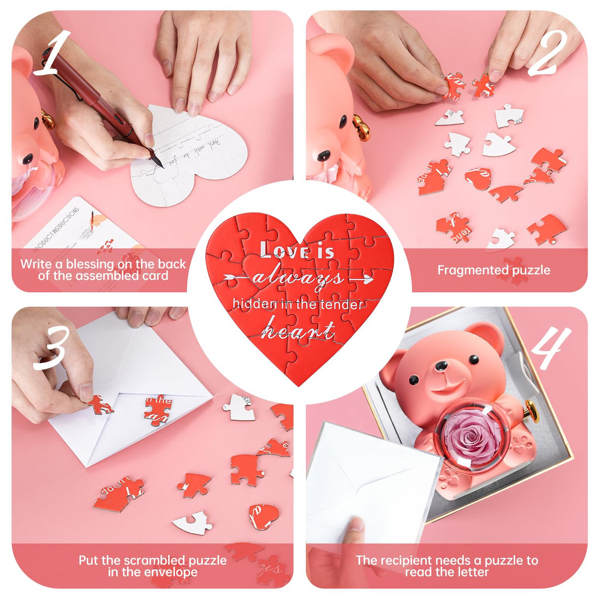 Ariceleo Pink Teddy Bear with Preserved Rose, Real Rose Flower in Bear, Elegant Gift Box, Heart-Shaped Necklace, Unique Gift for Valentine's Day,