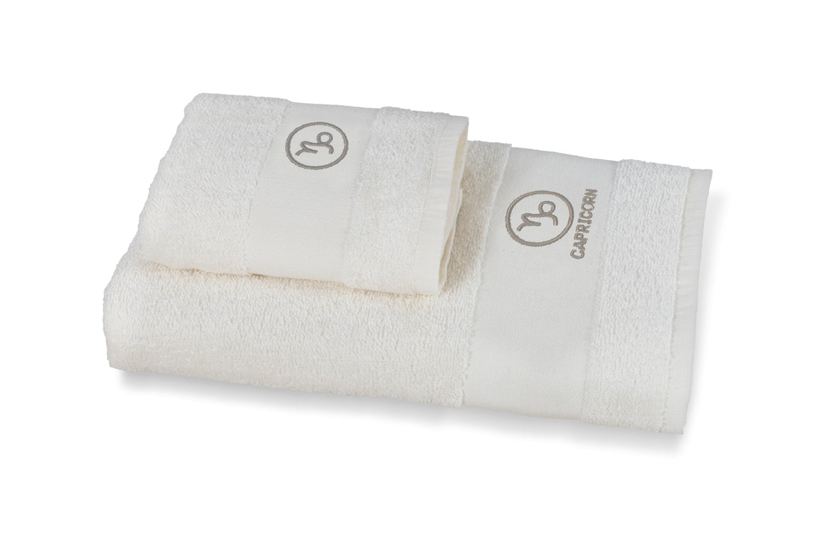 zer0bed Zodiac Zodiac Bath Towel Set, Set of 2, Face Towel, Guest Towel-Bidet, 100% Cotton, Plain with Embroidery, Capricorn