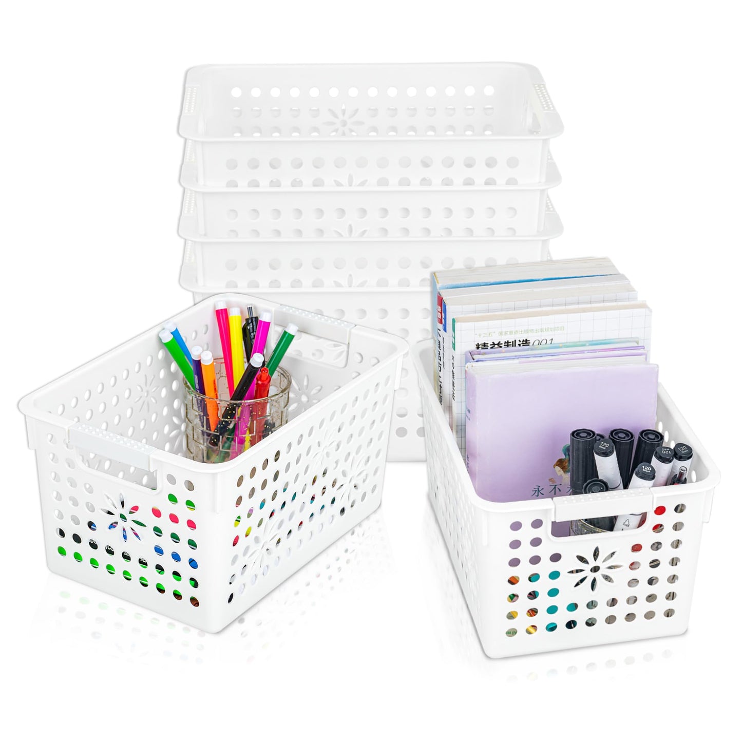 Cetomo Plastic Storage Box, Storage Baskets with Handle, Shelf Basket Organizer with Hole, Open Top Storage Bin for Home Kitchen Office, White