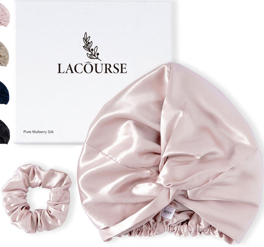 LaCourse 100% Genuine 22Momme Silk Bonnet for Sleeping, Double-Layered Mulberry Silk Hair Wrap with Premium Elastic Stay on Head. (One Size, Pink)