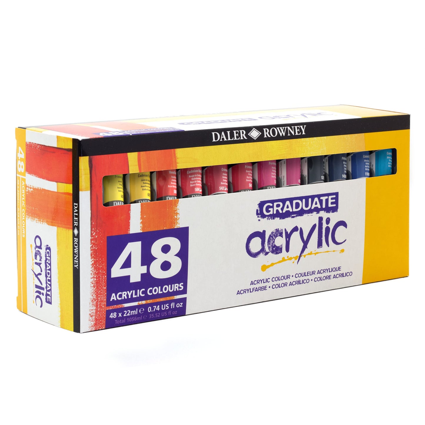 Daler-Rowney Graduate 22ml Acrylic Paint Set, 48 Assorted Colours, High Lightfastness, Water-Based, Solvent-Free, Ideal for Student Artists &
