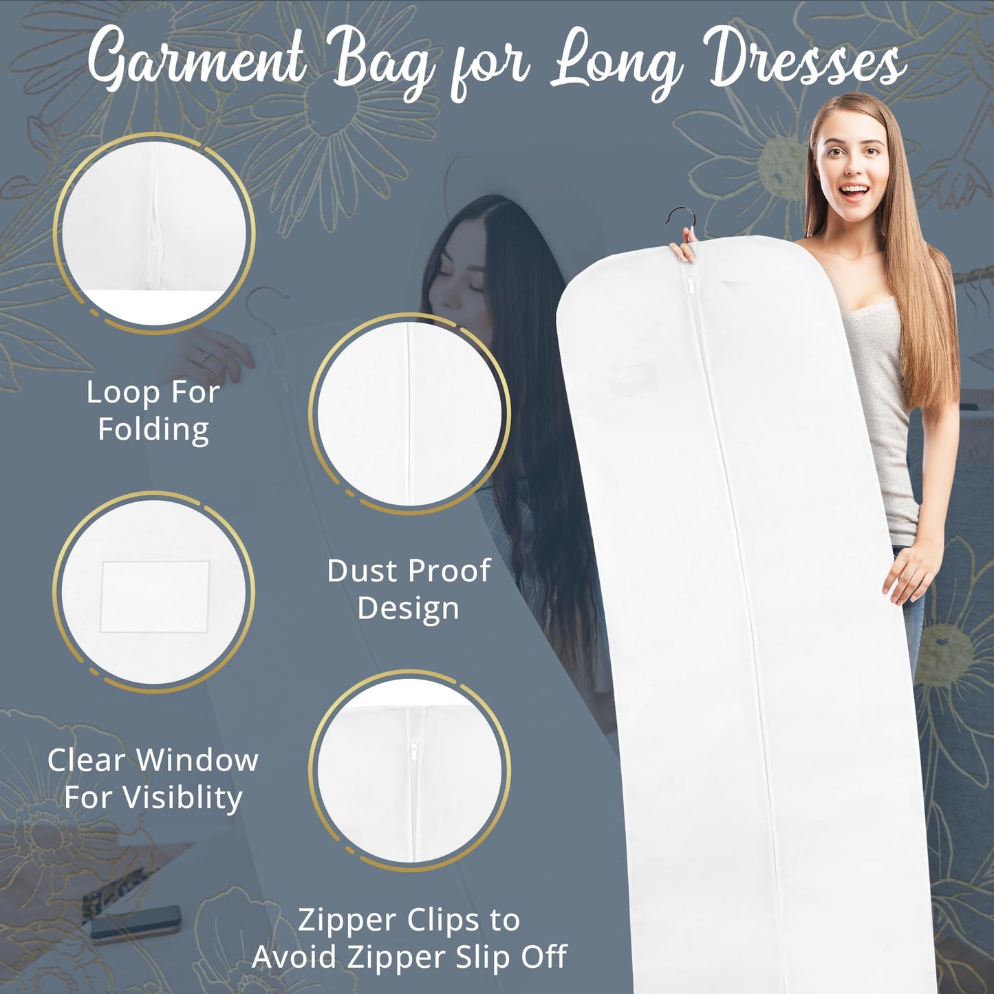 Wedcova Dress Bag | Hanging Garment Bags | Full Length Travel Covers | Wedding Long Clothes Storage Cover with Zipper for Women | 72 Inch (182cm)