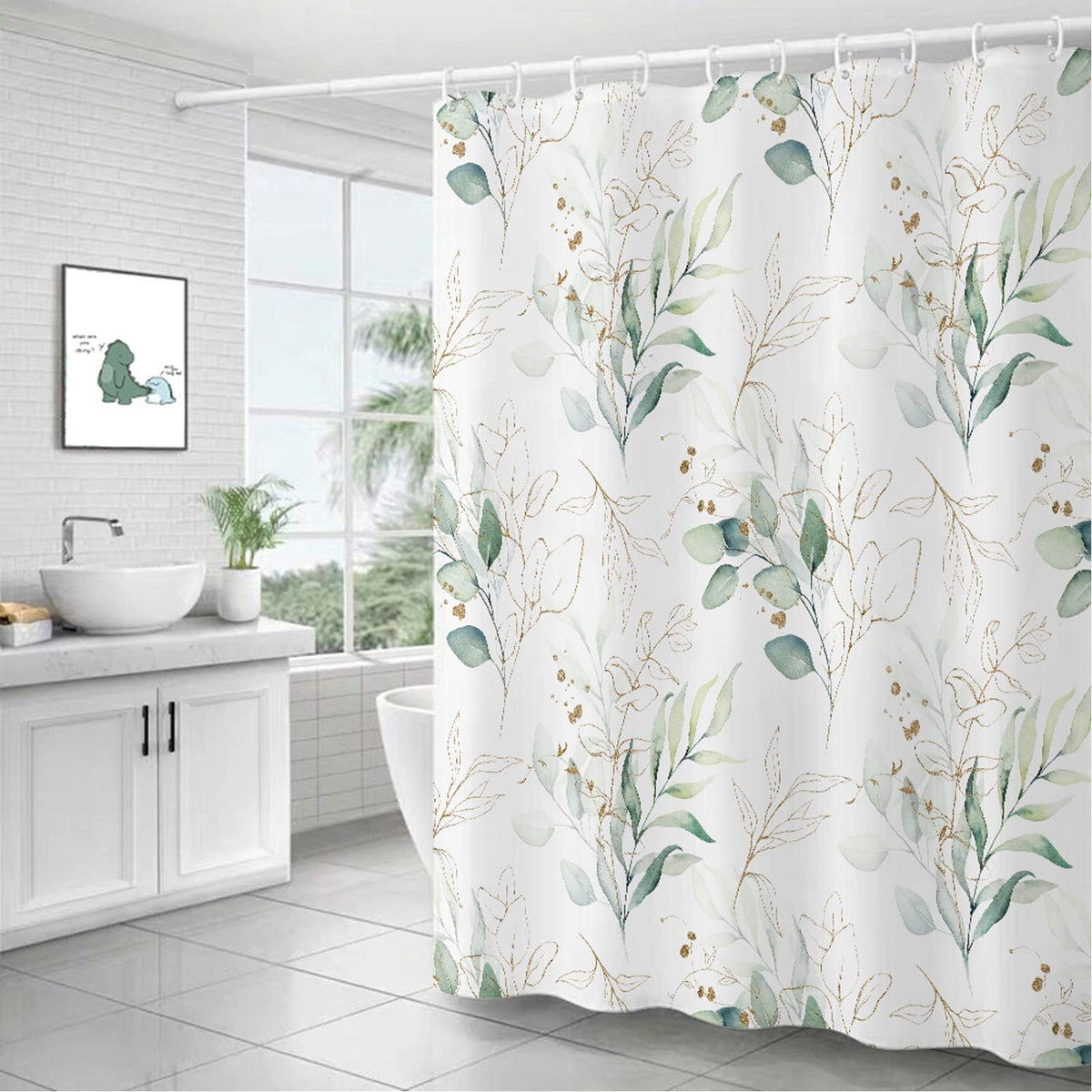 BANLMEYD Shower Curtain Mould Proof Resistant Waterproof Green Leaf Bathroom Curtains with 12 hooks Quick-Drying Weighted 180x180cm (71x71Inch)