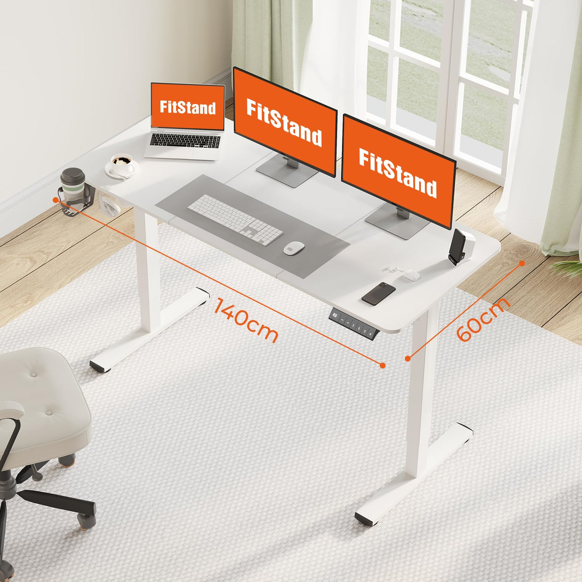 FitStand 140x60cm Electric Height Adjustable Standing Desk, Sit Stand Desk, Computer Desk With Hooks, Child Lock, Memory Function