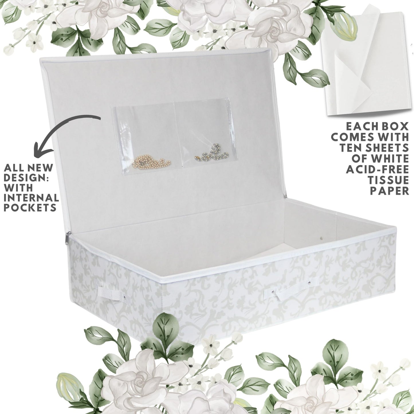 Breathable White with Silver Floral Design Large Wedding Dress Box - Underbed Storage Boxes, Wedding Dress Storage Box