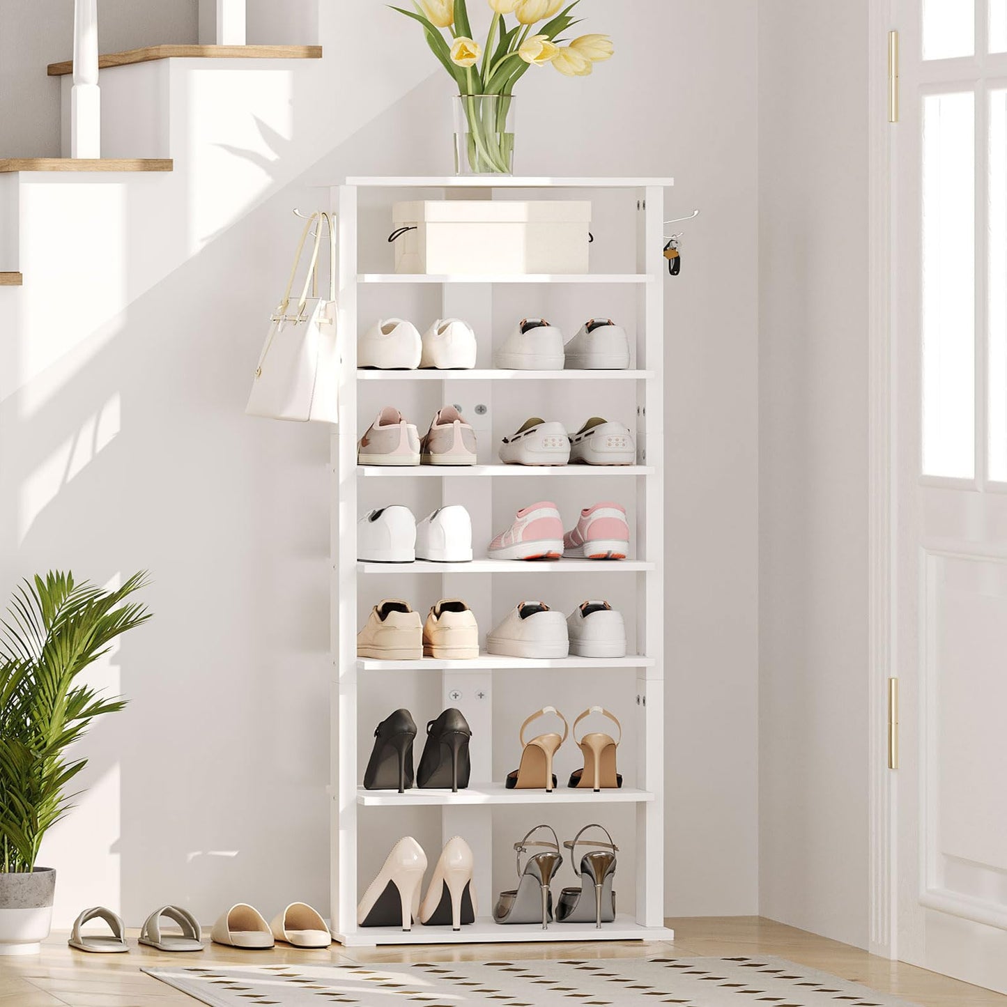HOOBRO Shoe Rack Wooden, White Shoe Rack, Narrow Shoe Storage Organizer with 2 Hooks, Slim Shoe Shelf, Vertical Shoe Tower for Entrance, Living Room,