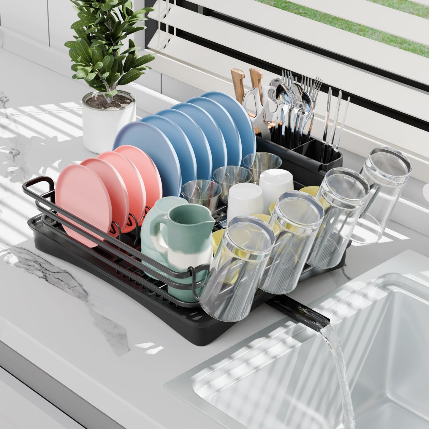 BRIAN & DANY Aluminum Dish Drying Rack, Dish Drainer with Removable Cutlery Holder & Cup Holder, Unique 360 Swivel Spout Drain Board, Black