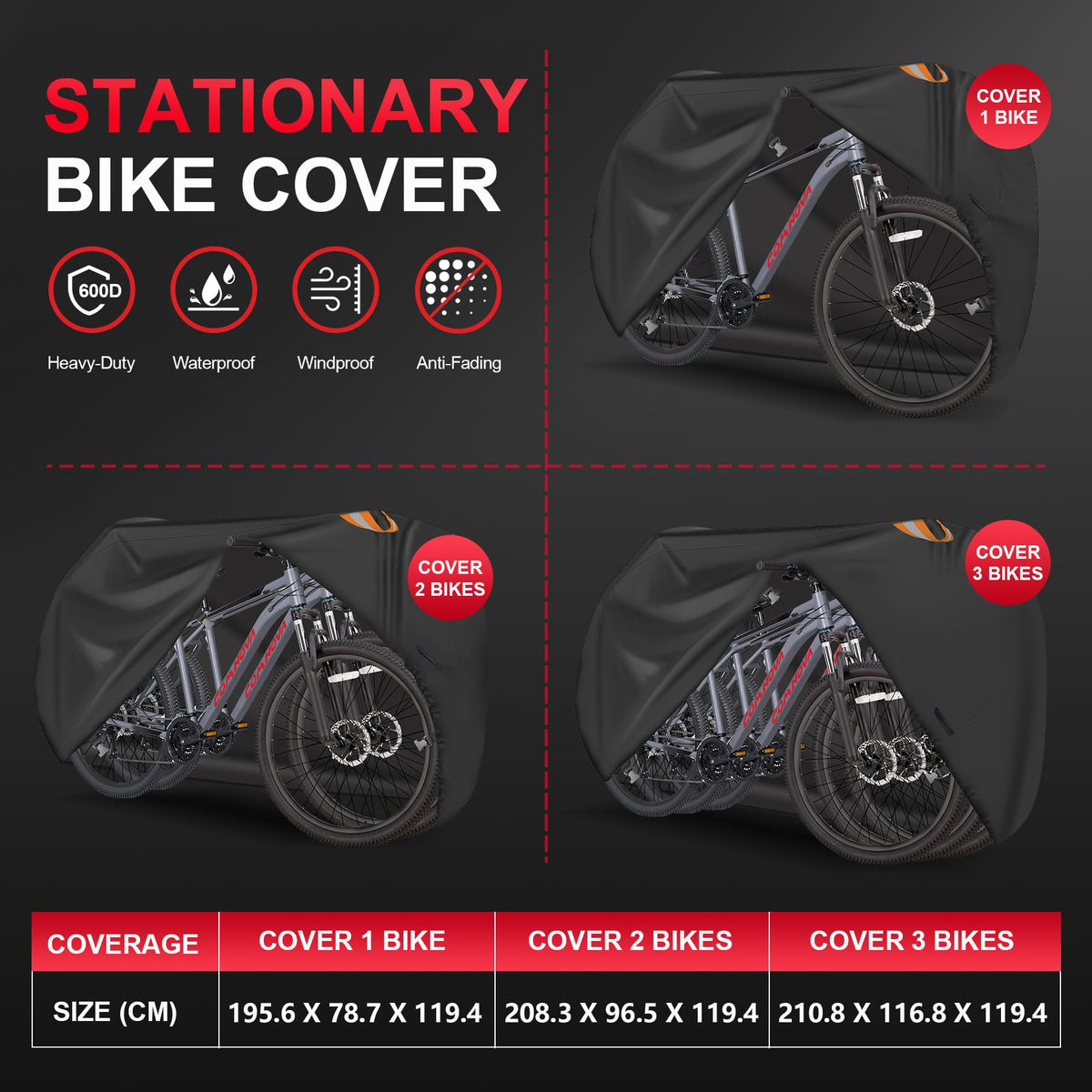 Zettum Bike Cover for 2 Bikes - Stationary Bike Covers for Outside Storage Waterproof Outdoor & Heavy Duty, 600D PU Coating Bicycle Covers for 2 Bikes