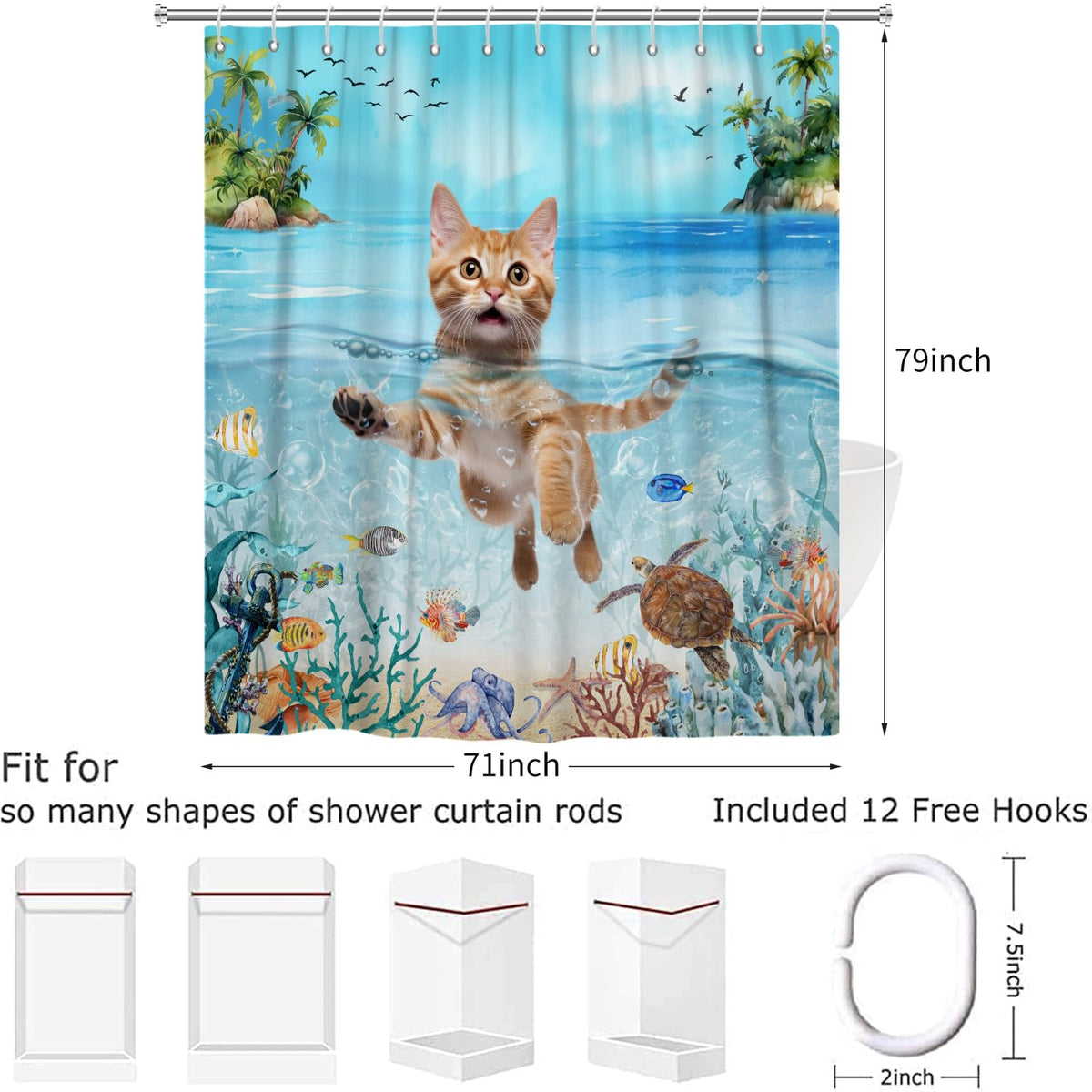 Hnmdmyi Funny Cat Shower Curtain 180x200, Cute Kitten Swimming in Blue Ocean Sea Turtle Tropical Fish Starfish Coral Kids Bathroom Shower Curtains