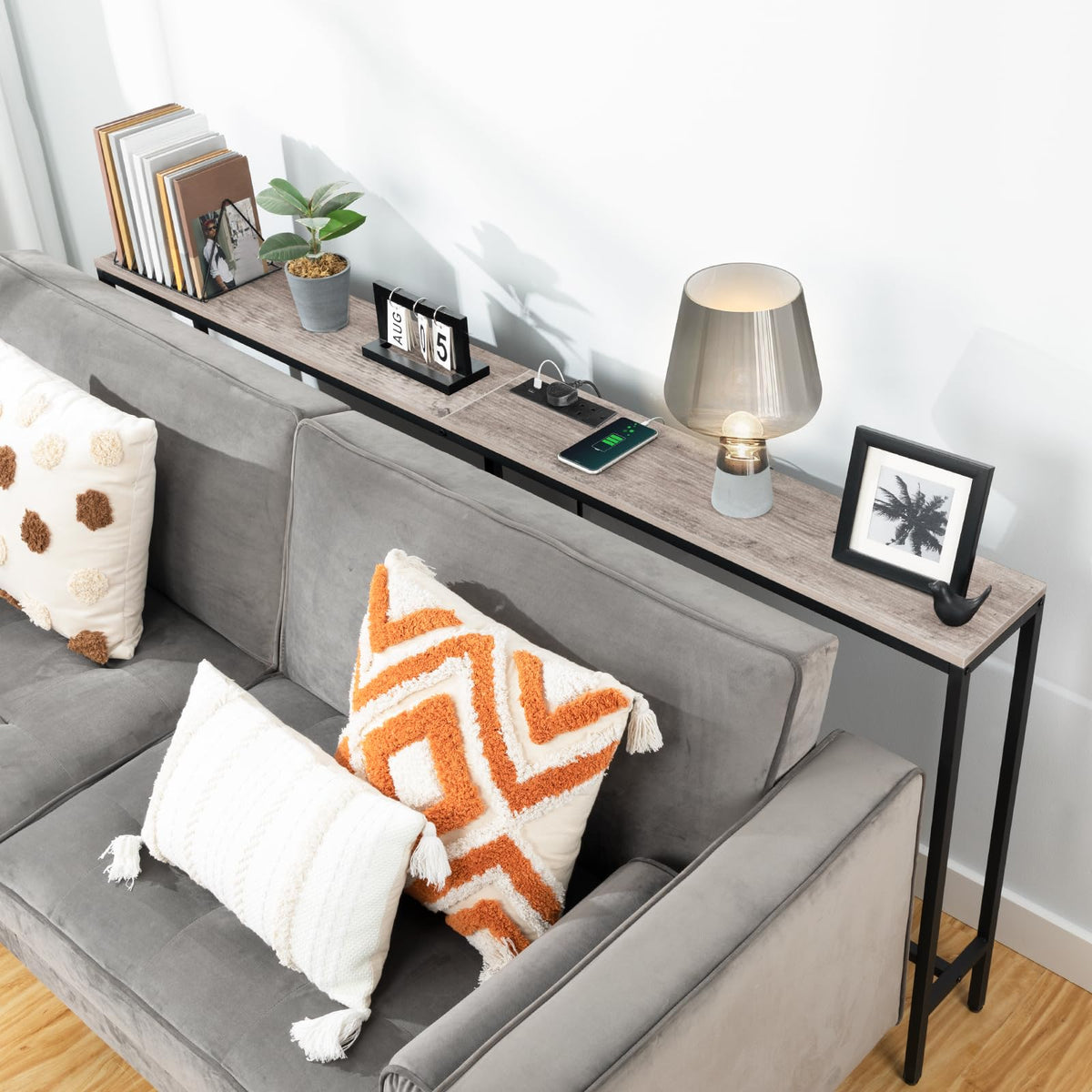 MAHANCRIS Console Table with Power Outlet, 180 CM Narrow Sofa Table, Industrial Entryway Table with USB Ports, Behind Couch Table for Entryway,