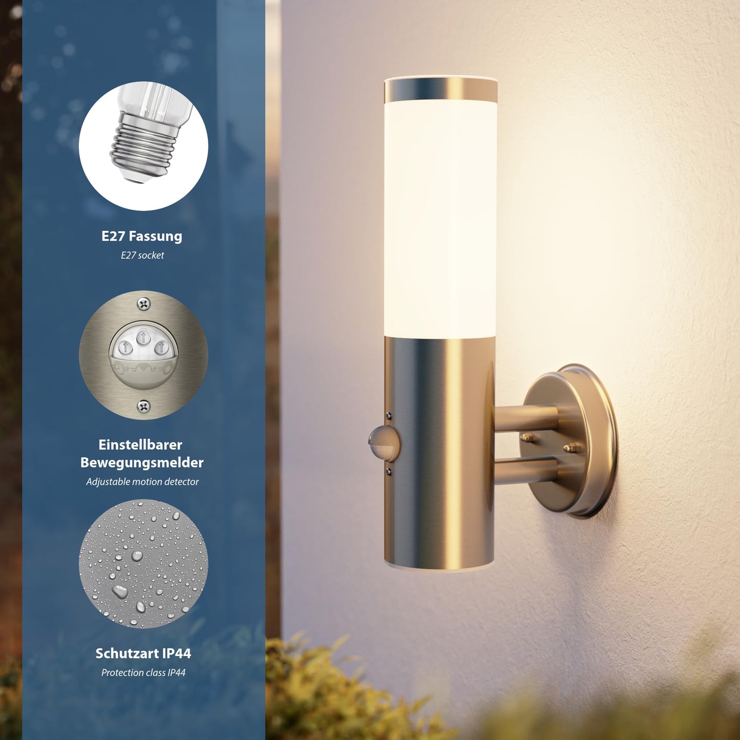 ledscom.de 2 pcs. Wall Light PORU for Outdoors, IP44, Motion Detector, Stainless Steel, Stainless Steel matt, Round, 1x E27 max. 15W