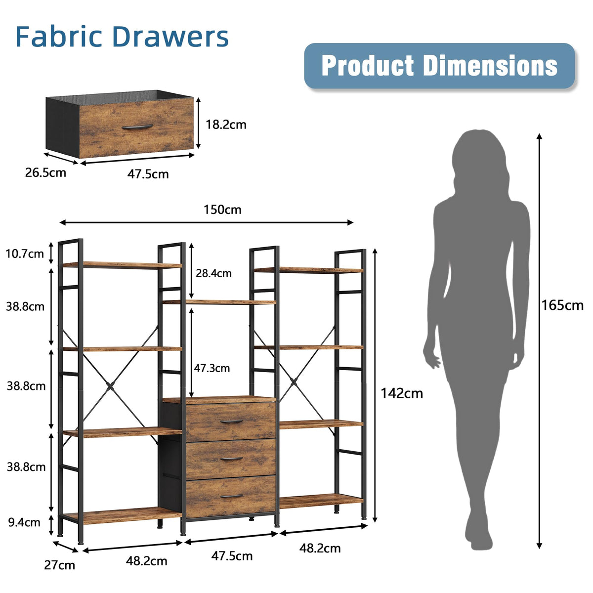 OYRREU 4-Tier Bookcase with Drawers, 150cm Wide Rustic Brown Shelving Unit