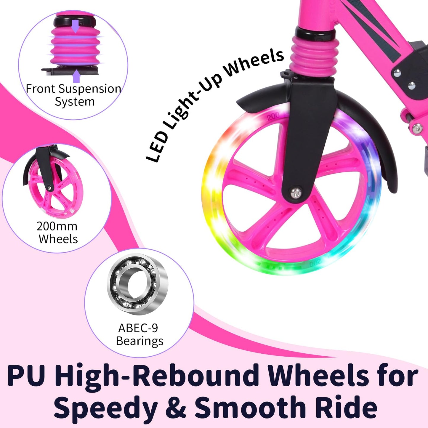 BELEEV V8 Scooters for Kids Ages 6+ with Light-Up Stem & Deck, 2 Wheel Folding Scooter for Adults Teens, 4 Adjustable Height, Lightweight Sport