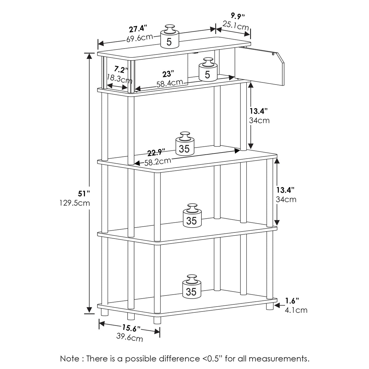 Furinno TURN-N-TUBE Printer Stand with Storage, 5-Tier Large Printer Stand, Standing Printer Table with Top Cabinet, for CPU, Office Supplies