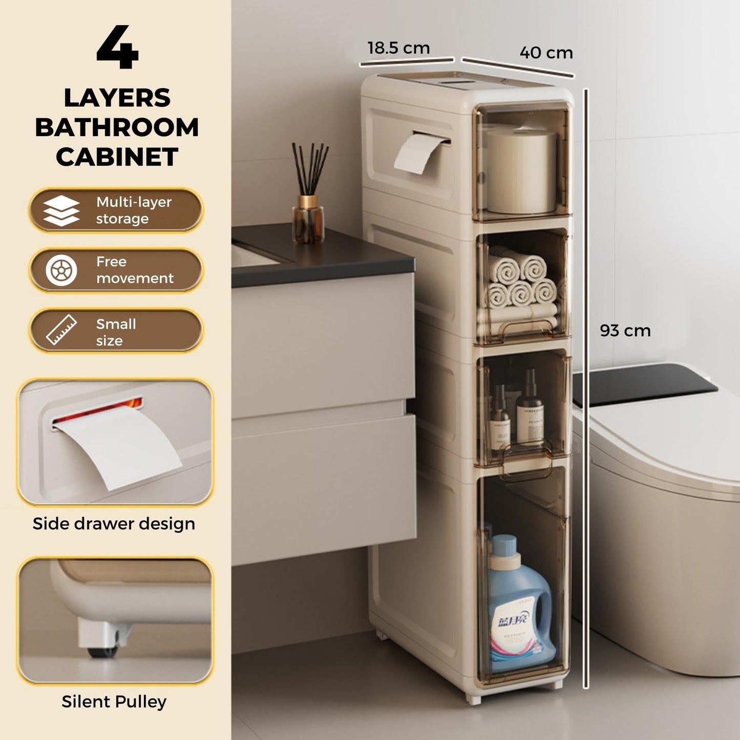 MAGIC SELECT Narrow Bathroom Organizer. Auxiliary Storage Furniture with Wheels for Narrow Places. Compact 4-Drawer Side Cabinet for Toilet Paper