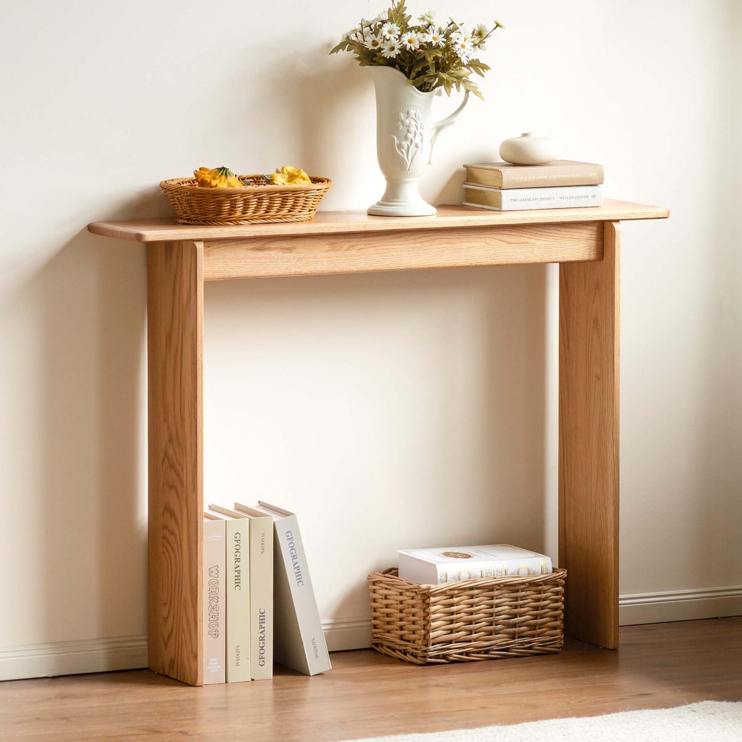 Slim Solid Oak Console Table for Entryway, Narrow Hallway Table,100x20x75cm