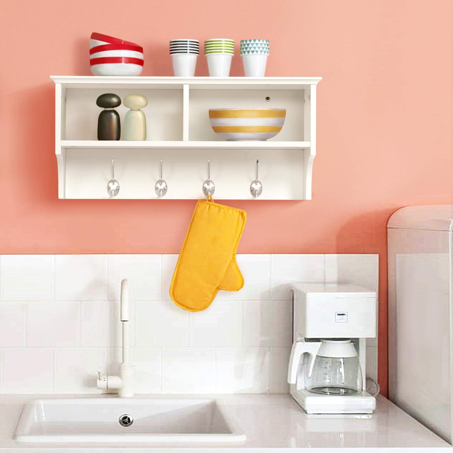 Yaheetech Wall Mounted Coat Rack with Hooks & Storage Shelves, White