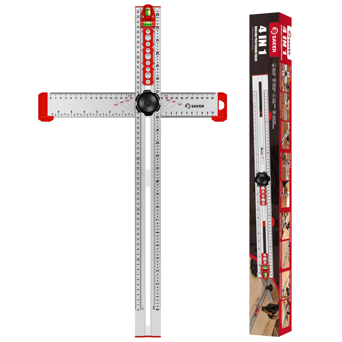 Saker 4-in-1 Drilling Positioning Ruler,T Square Woodworking Ruler,Marking Gauge Tools for Woodworking Scribe Drawing,Precise Drilling Tool for