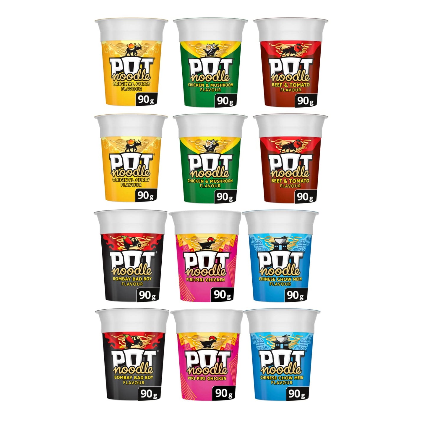 Pot Noodle Variety Pack - 6 Varieties 2 of Each Flavour - Chicken & Mushroom, Original Curry, Beef & Tomato, Chinese Chow Mein, Bombay Bad Boy,
