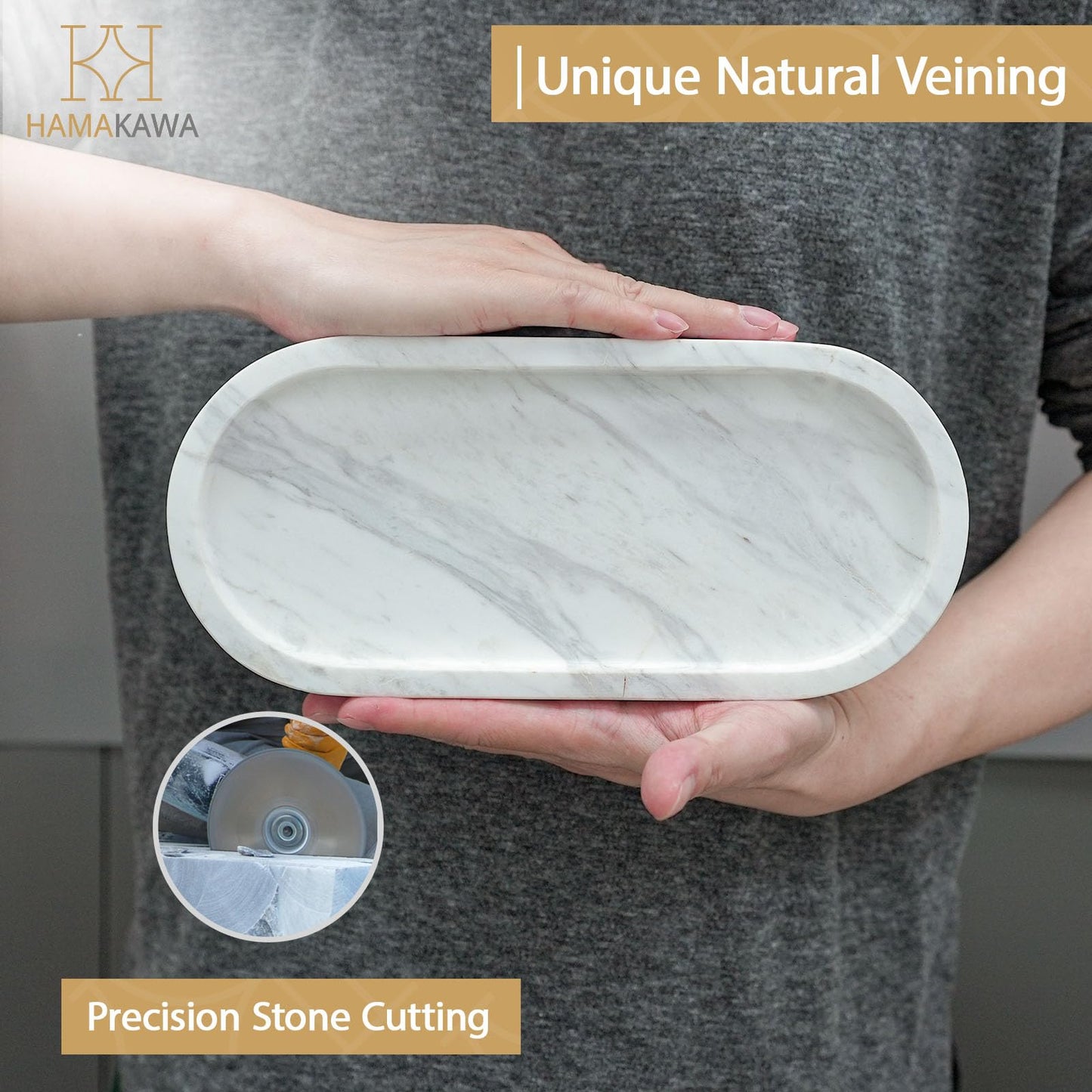 HAMAKAWA Oval Bathroom Vanity Tray, Large Natural Marble Tray 25cm / 10 inch, Volakas White Stone Soap Trays, Modern Perfume Trays