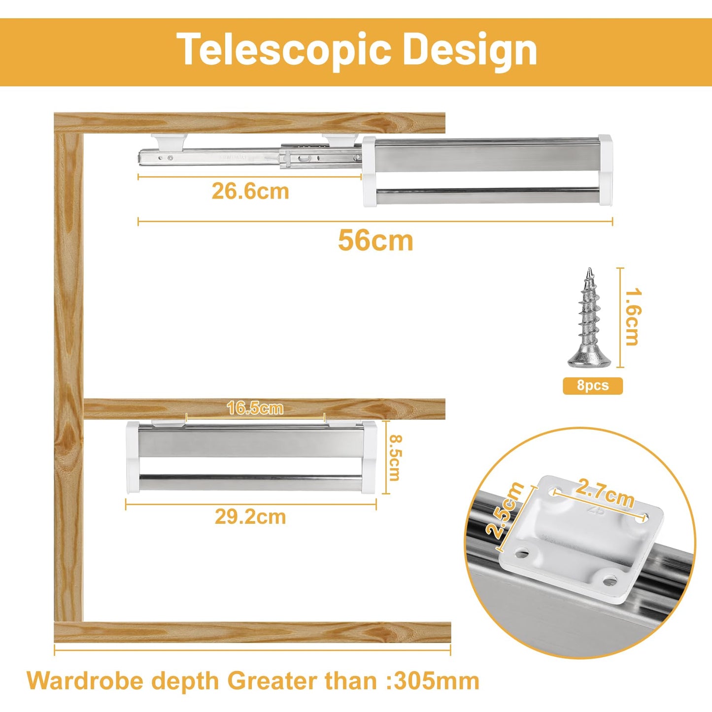 DBREAKS Extendable Clothes Rail for 300 mm Depth