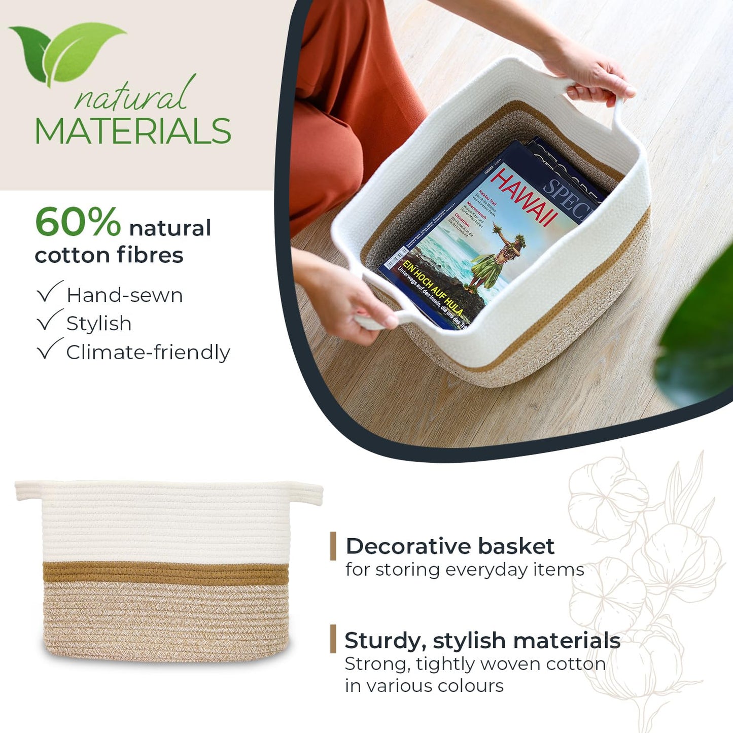 HMF Storage Basket with Extended Handles, Cotton Basket | 36 x 30 x 25 cm | White/Brown
