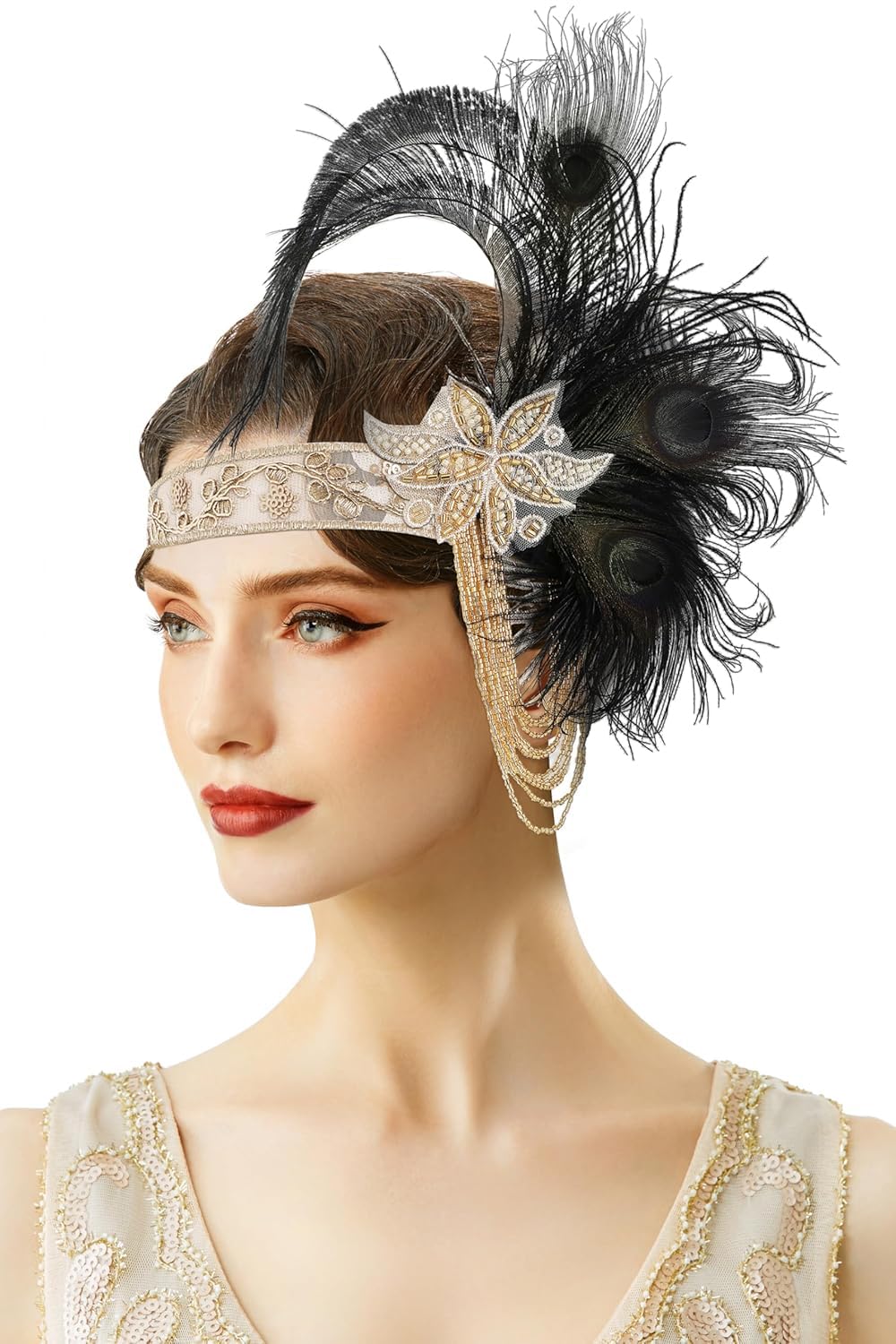BABEYOND 1920s Great Gatsby Headpiece - Feather Headband with Golden Fringes for Carnival, Ball, and Wedding Black