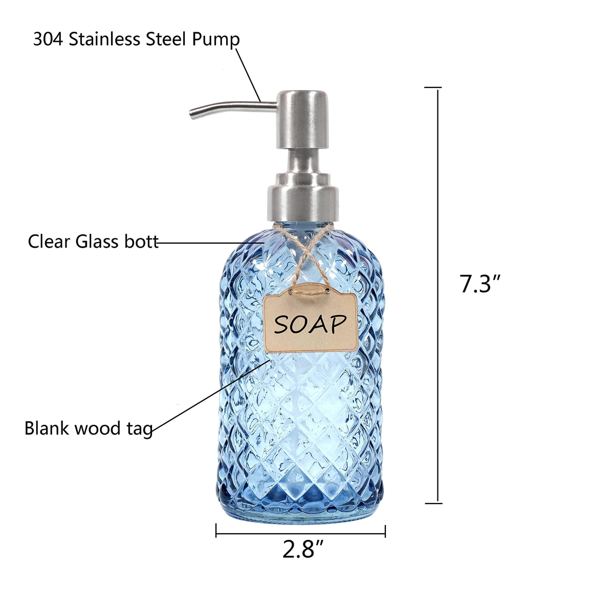 Funly mee Bathroom & Kitchen Glass Hand and Dish Soap Dispenser with 304 Rustproof Stainless Steel Pump (Blue)