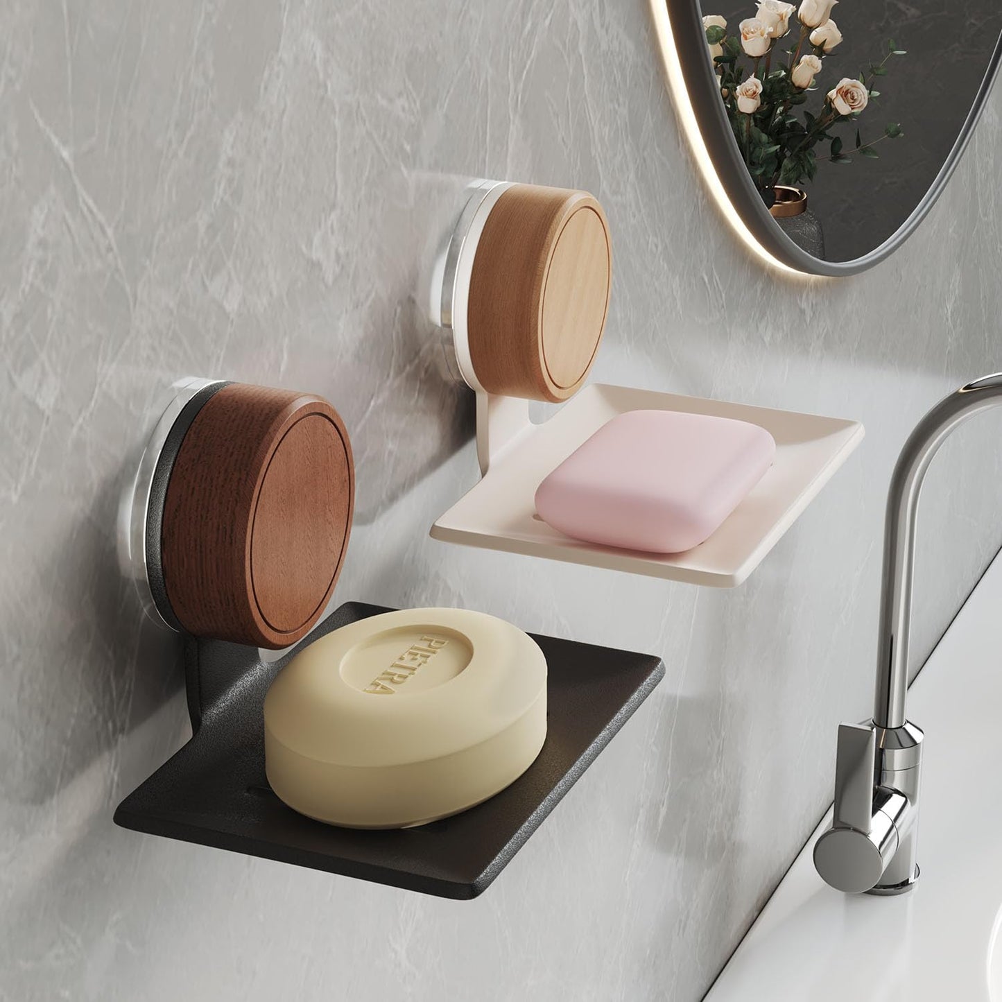 2-Pack Aluminium Soap Dish with Walnut Suction Cup - No Drill, Self-Draining with Holes, For Glass, Mirror & Metal (Bathroom & Kitchen)