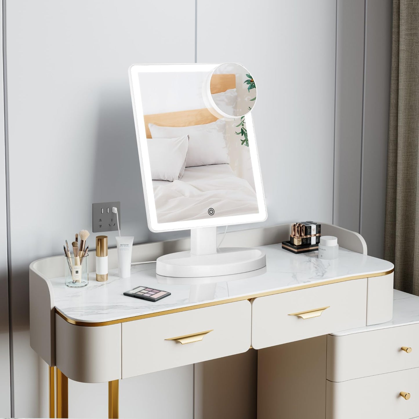 FUNTOUCH Large Lighted Makeup Mirror with Lights, 3 Color Lighting Modes Light up Mirror with 88 LED, 10X Magnification and 360Rotation,Dual Power